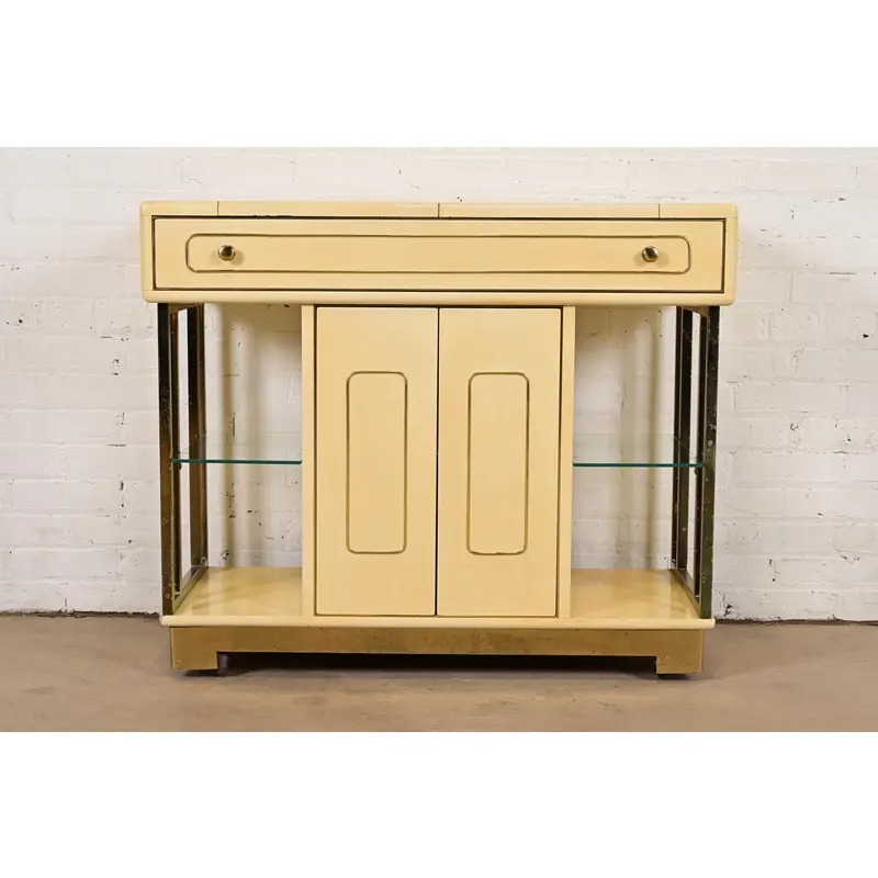 Romweber Mid-Century Modern Hollywood Regency Cream Lacquered and Brass Flip Top Buffet Server or Bar Cart, Circa 1960s