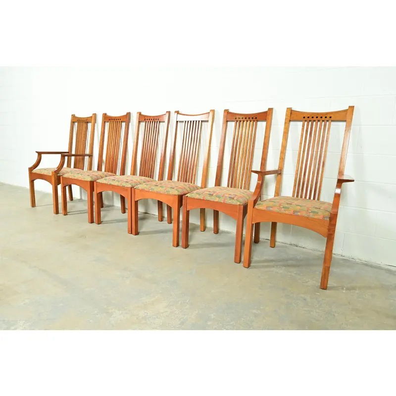Stickley Arts & Crafts Cherry Wood High Back Spindle Dining Chairs, Set of Six