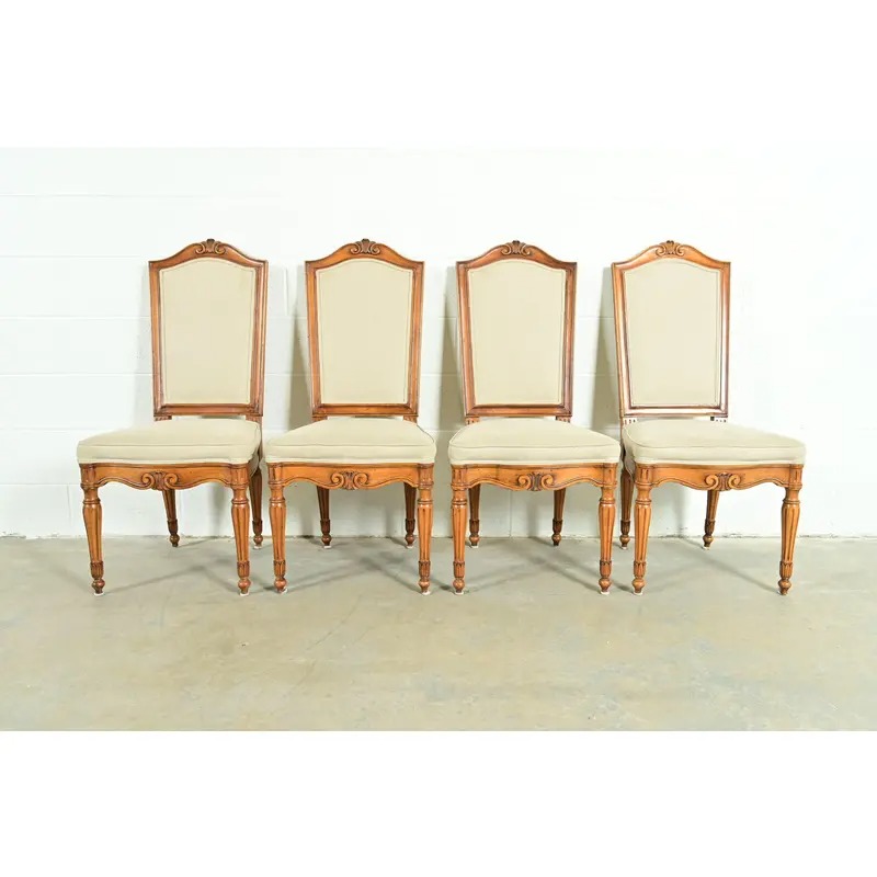 Baker Furniture Style French Regency Louis XVI Carved Walnut Dining Chairs, Set of Four - Image 2