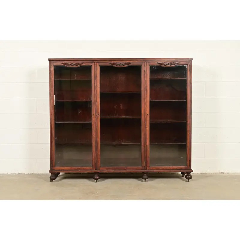 Berkey & Gay Antique Victorian Carved Mahogany Triple Bookcase or Display Cabinet, Circa 1890s - Image 2