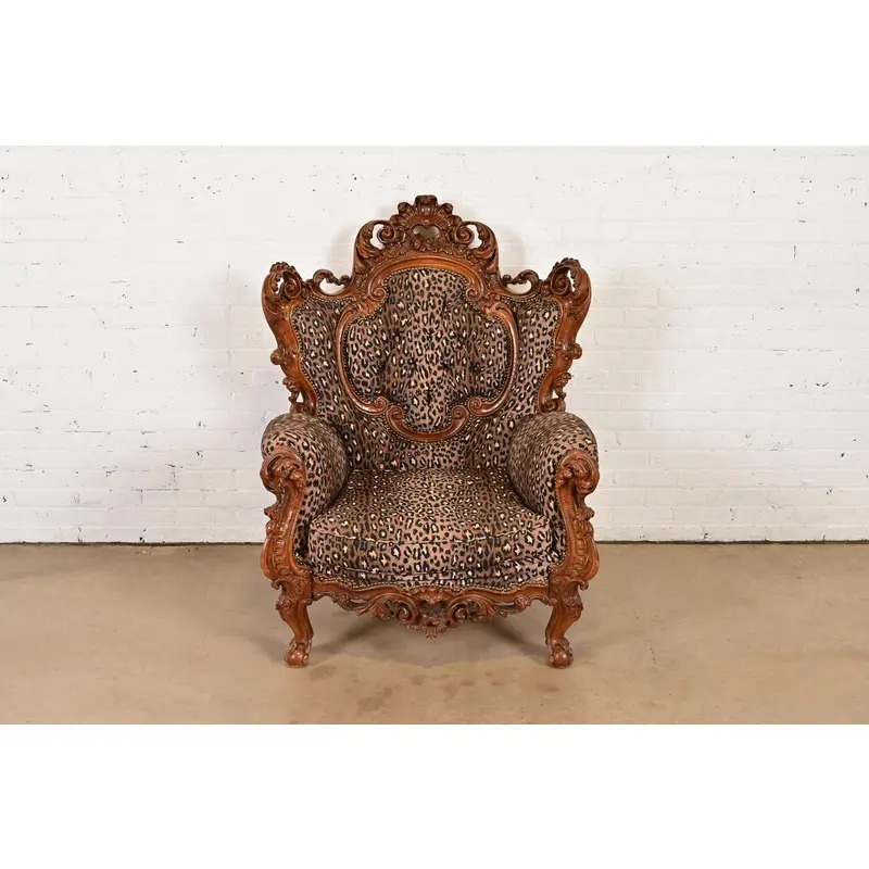 Italian Baroque Ornate Carved Walnut Throne Chair or Lounge Chair With Leopard Print Upholstery - Image 2
