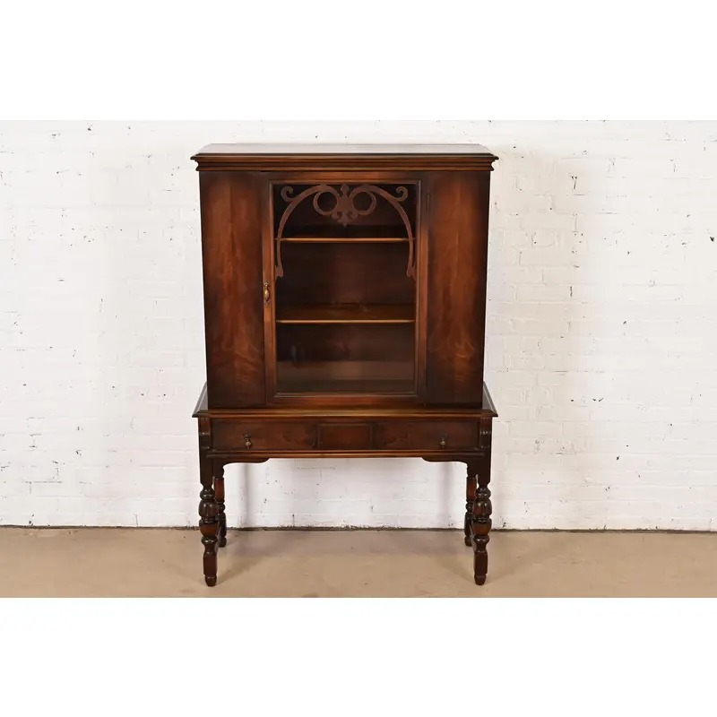 Limbert English Jacobean Carved Walnut and Burl Wood Bookcase or Bar Cabinet, Circa 1920s - Image 2