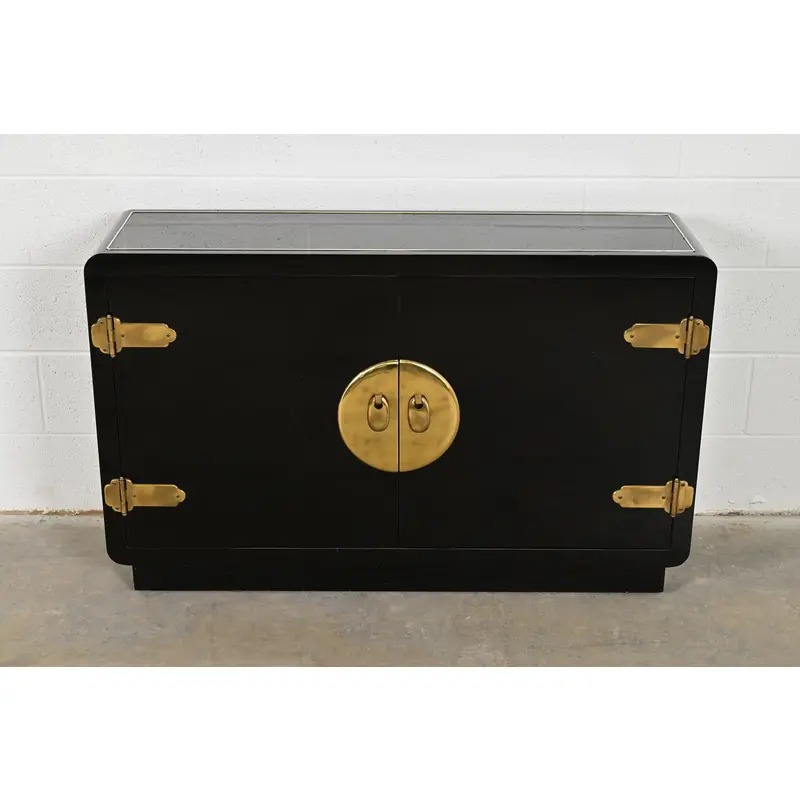 Mastercraft Mid-Century Hollywood Regency Black Lacquer and Brass Bar Cabinet, 1970s - Image 2