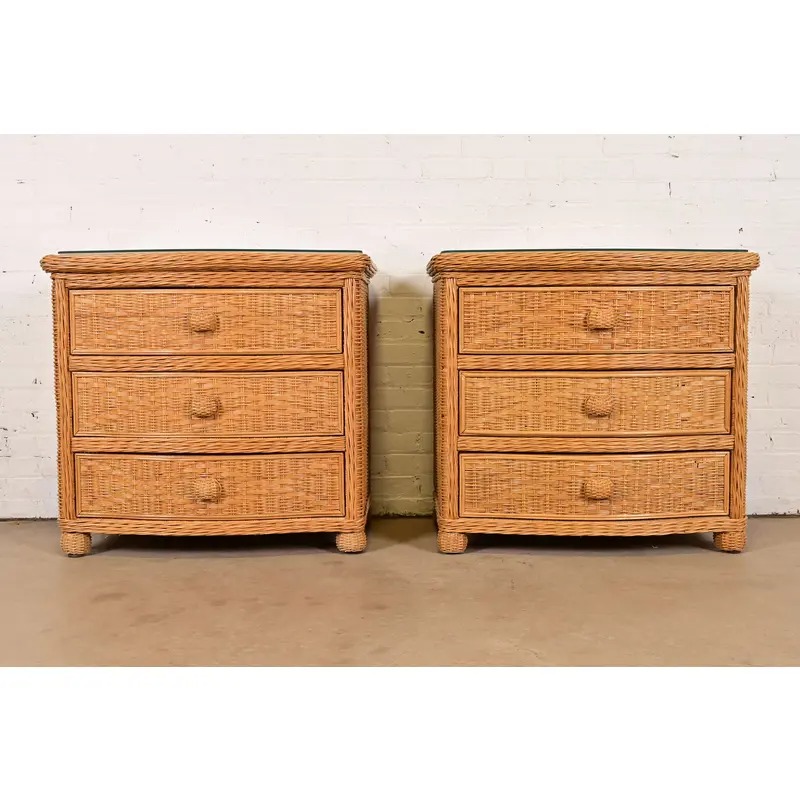 Ralph Lauren Style Organic Modern Woven Wicker Rattan Bedside Chests, Pair - Image 2