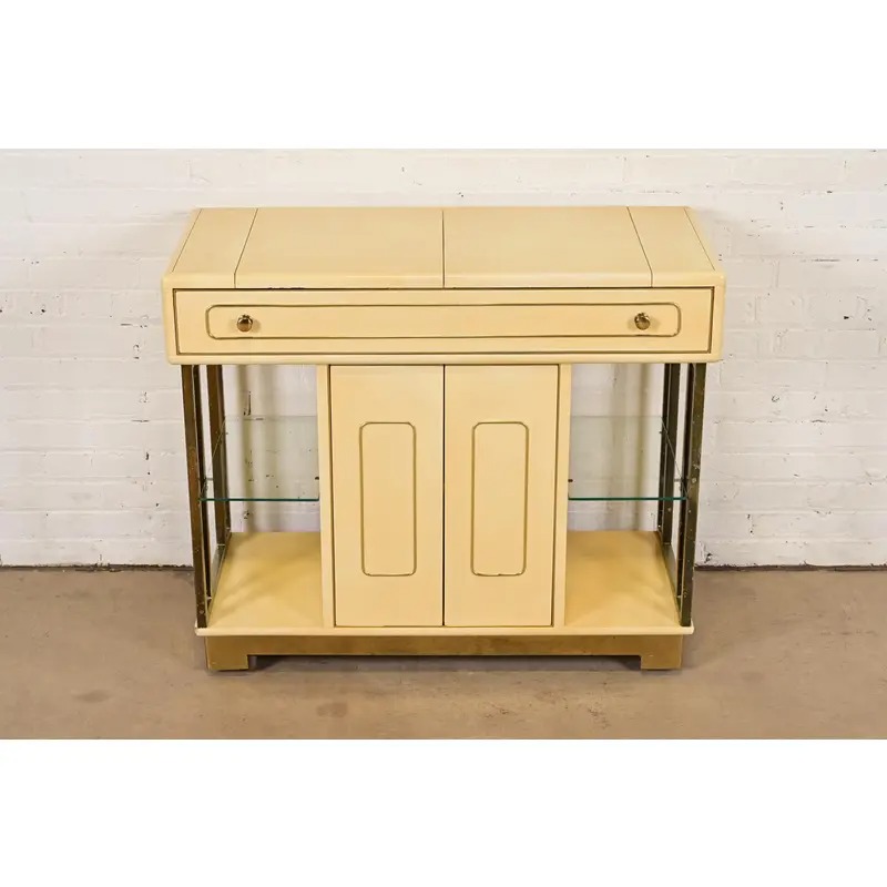 Romweber Mid-Century Modern Hollywood Regency Cream Lacquered and Brass Flip Top Buffet Server or Bar Cart, Circa 1960s - Image 2