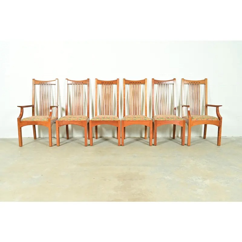 Stickley Arts & Crafts Cherry Wood High Back Spindle Dining Chairs, Set of Six - Image 2
