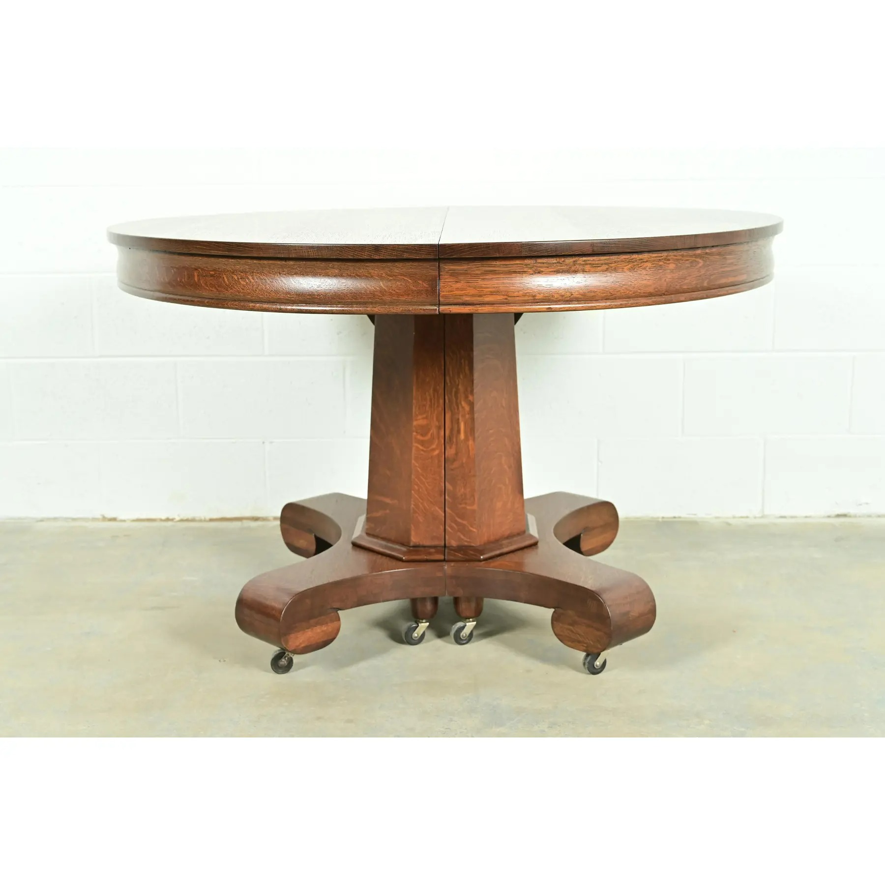 Stickley Style Antique Mission Oak Arts & Crafts Pedestal Extension Dining Table, Newly Refinished - Image 2