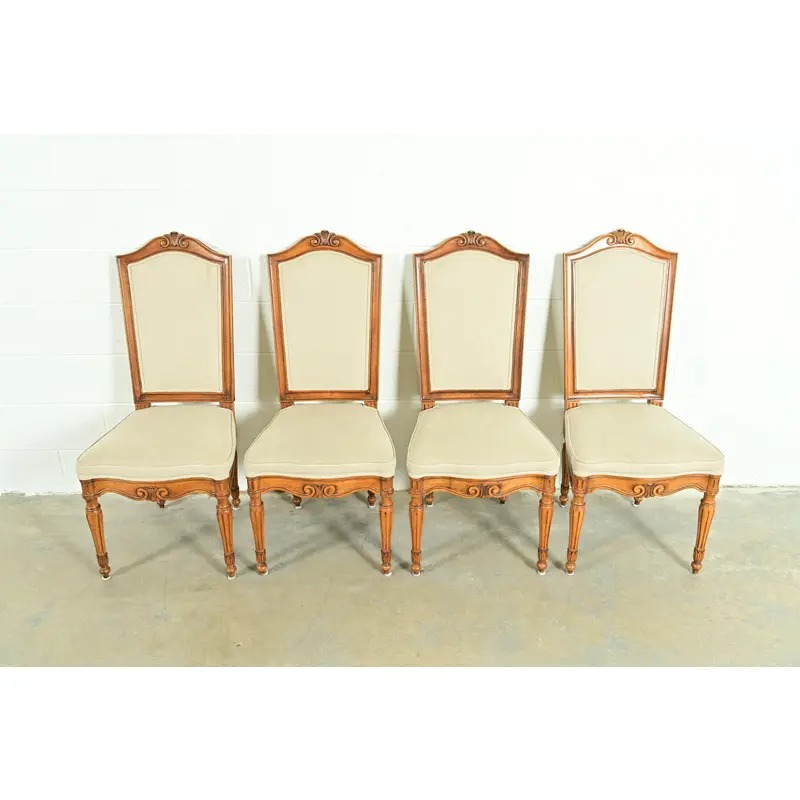 Baker Furniture Style French Regency Louis XVI Carved Walnut Dining Chairs, Set of Four - Image 3