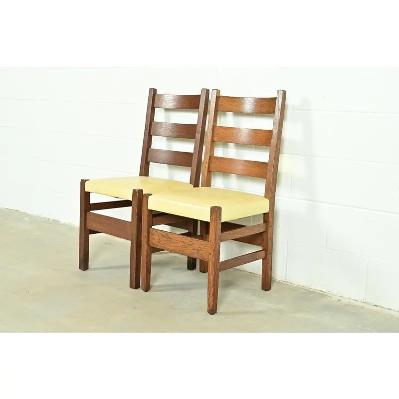 Gustav Stickley Antique Mission Oak Arts & Crafts Ladder Back Dining Chairs, Pair - Image 3