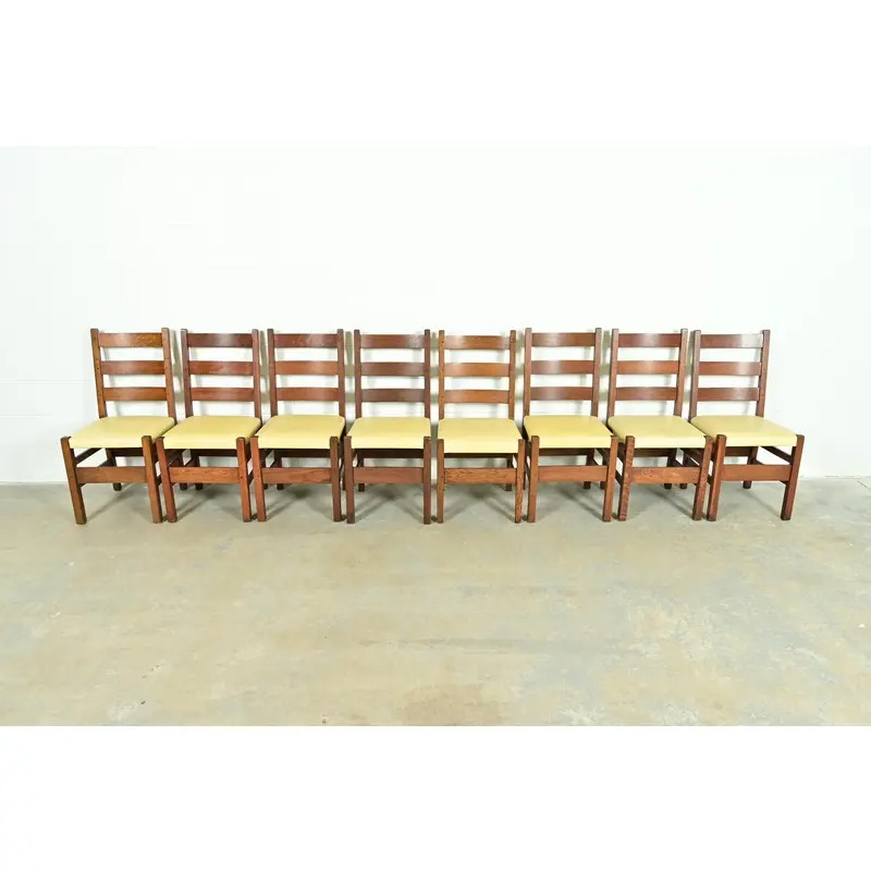 Gustav Stickley Antique Mission Oak Arts & Crafts Ladder Back Dining Chairs, Set of Eight - Image 3