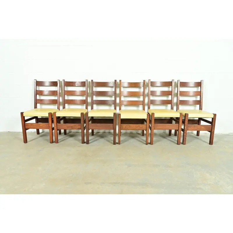 Gustav Stickley Antique Mission Oak Arts & Crafts Ladder Back Dining Chairs, Set of Six - Image 3