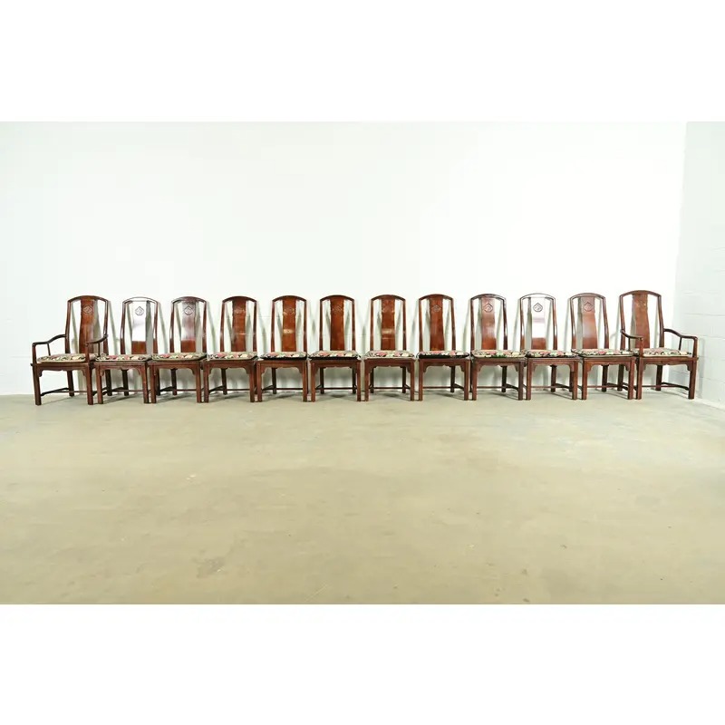 Henredon Hollywood Regency Chinoiserie Sculpted Mahogany Dining Chairs, Set of Twelve - Image 3