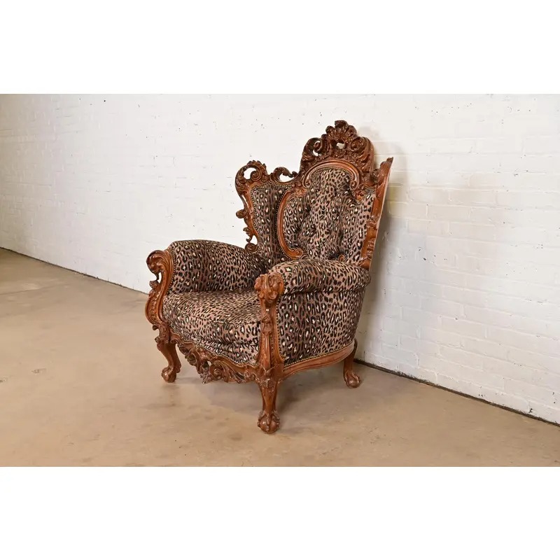 Italian Baroque Ornate Carved Walnut Throne Chair or Lounge Chair With Leopard Print Upholstery - Image 3