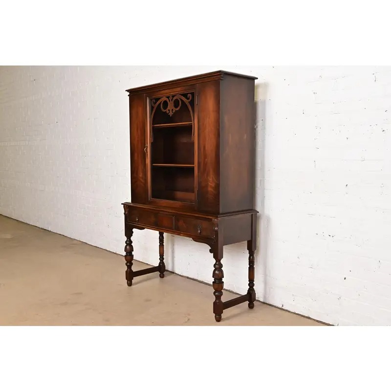 Limbert English Jacobean Carved Walnut and Burl Wood Bookcase or Bar Cabinet, Circa 1920s - Image 3