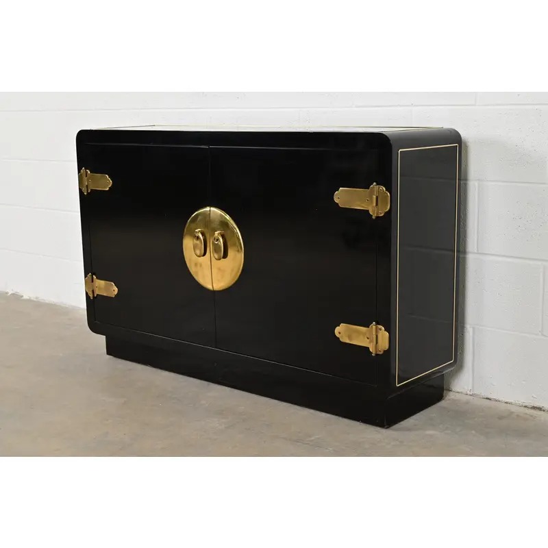 Mastercraft Mid-Century Hollywood Regency Black Lacquer and Brass Bar Cabinet, 1970s - Image 3