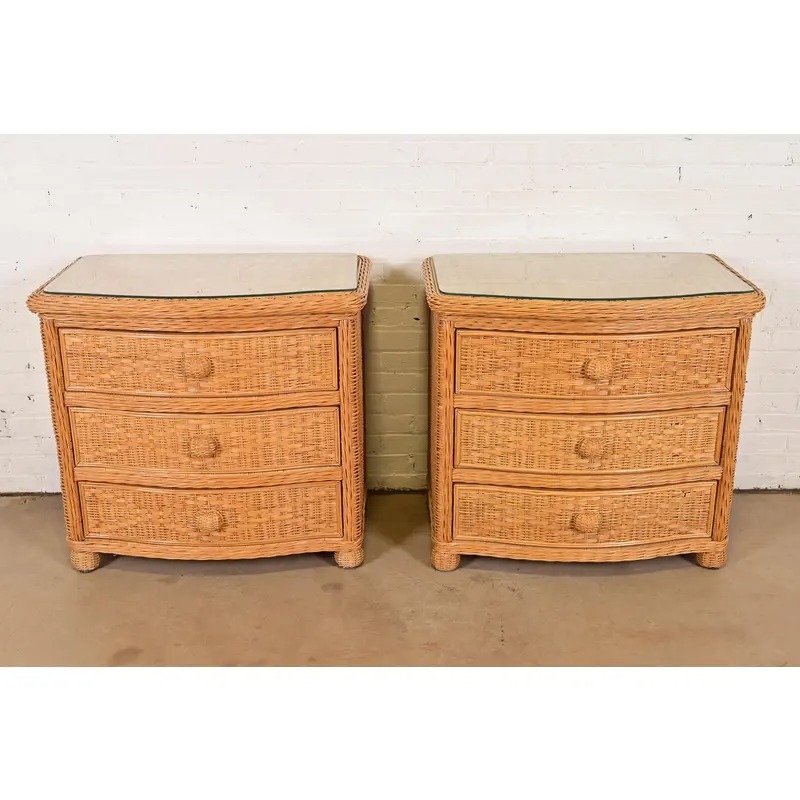 Ralph Lauren Style Organic Modern Woven Wicker Rattan Bedside Chests, Pair - Image 3
