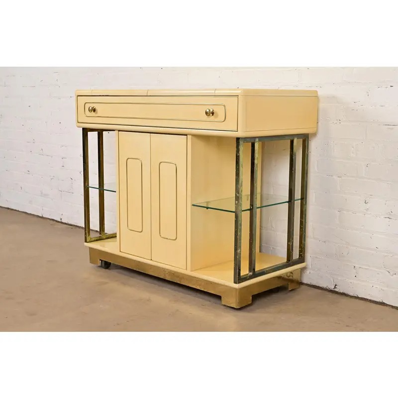 Romweber Mid-Century Modern Hollywood Regency Cream Lacquered and Brass Flip Top Buffet Server or Bar Cart, Circa 1960s - Image 3