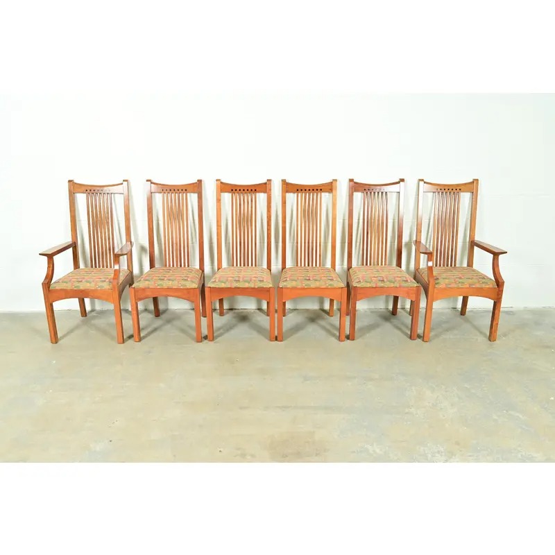 Stickley Arts & Crafts Cherry Wood High Back Spindle Dining Chairs, Set of Six - Image 3