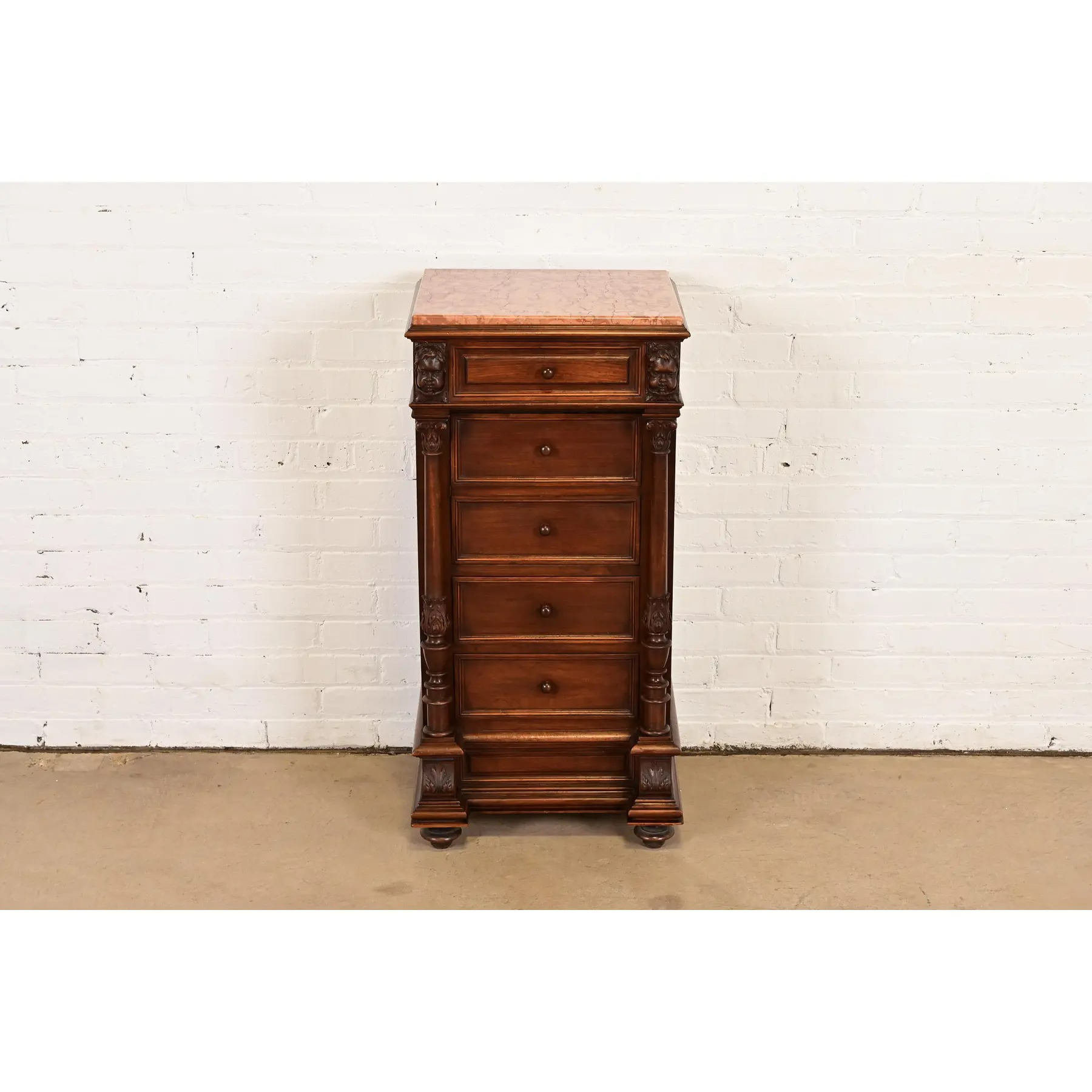 Antique Italian Renaissance Revival Carved Walnut and Marble Top Bedside Chest, Circa 1880s - Image 2