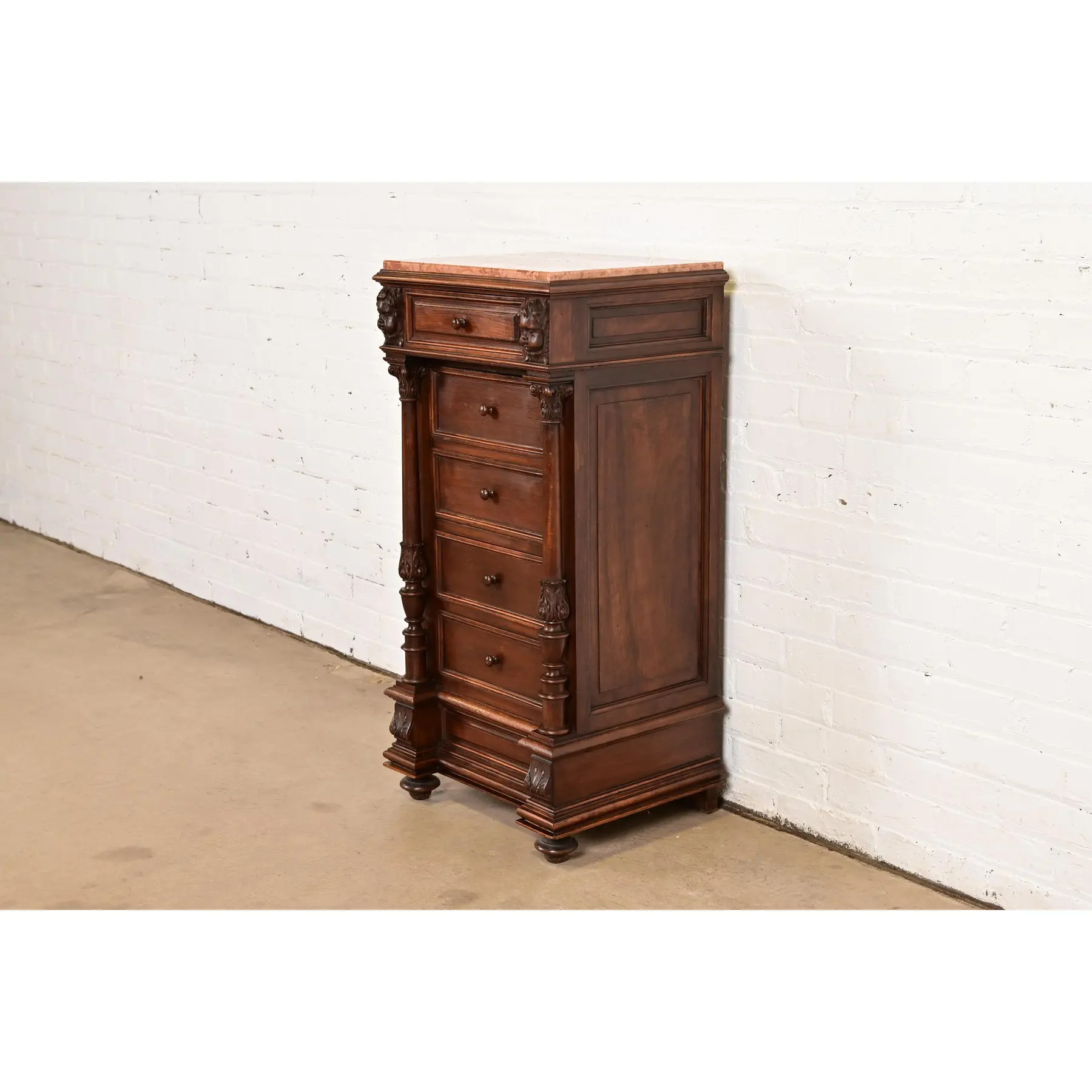 Antique Italian Renaissance Revival Carved Walnut and Marble Top Bedside Chest, Circa 1880s - Image 3