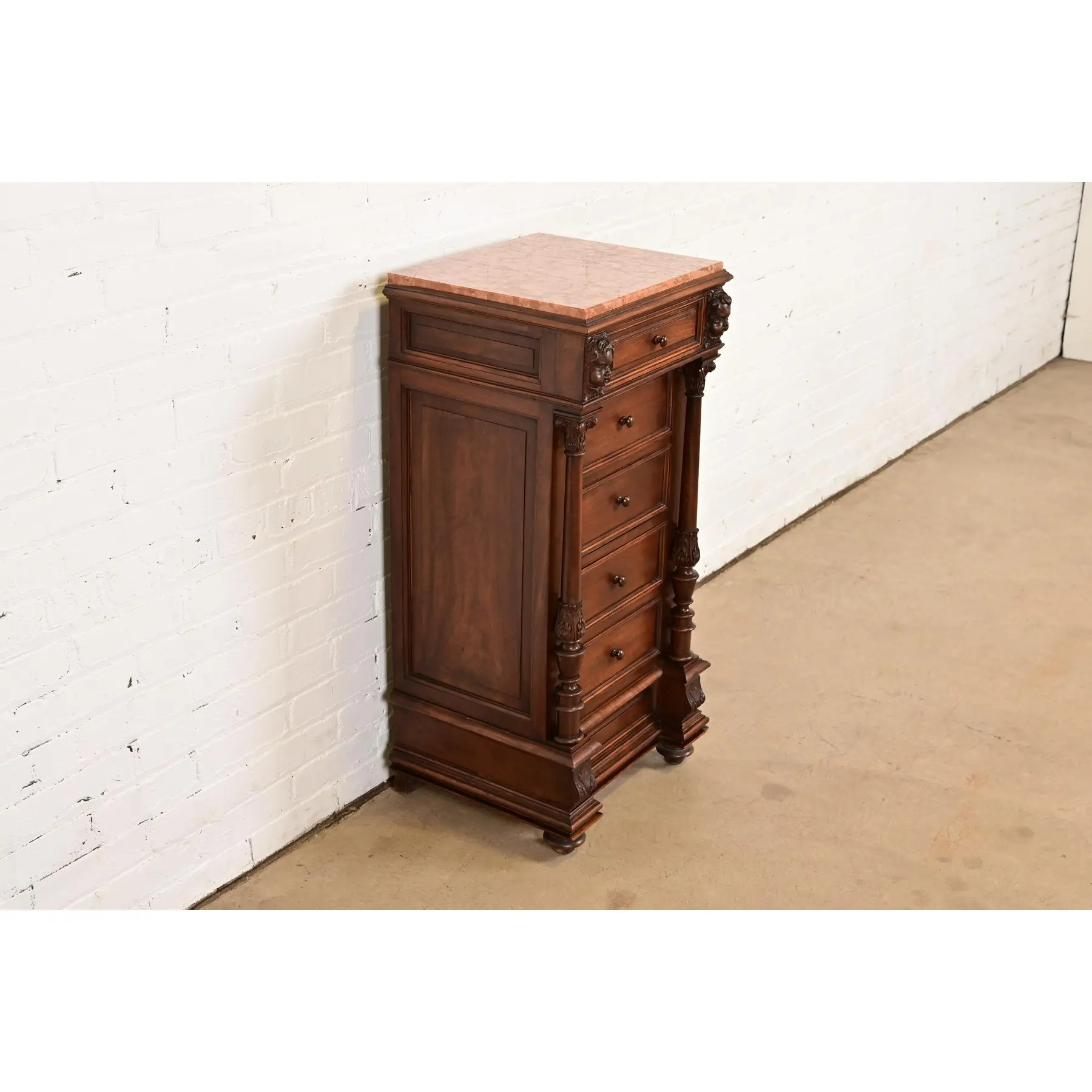 Antique Italian Renaissance Revival Carved Walnut and Marble Top Bedside Chest, Circa 1880s - Image 4