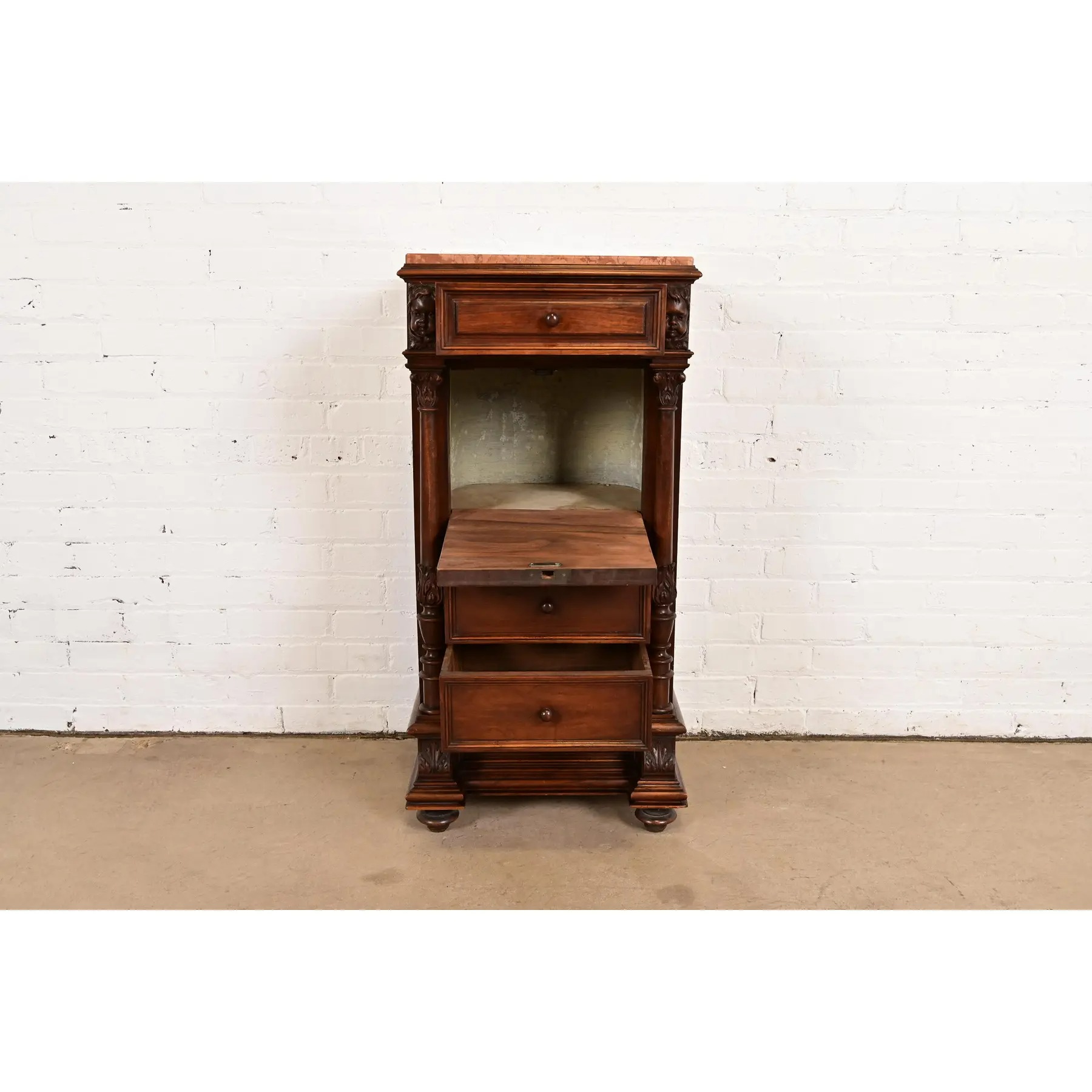 Antique Italian Renaissance Revival Carved Walnut and Marble Top Bedside Chest, Circa 1880s - Image 5