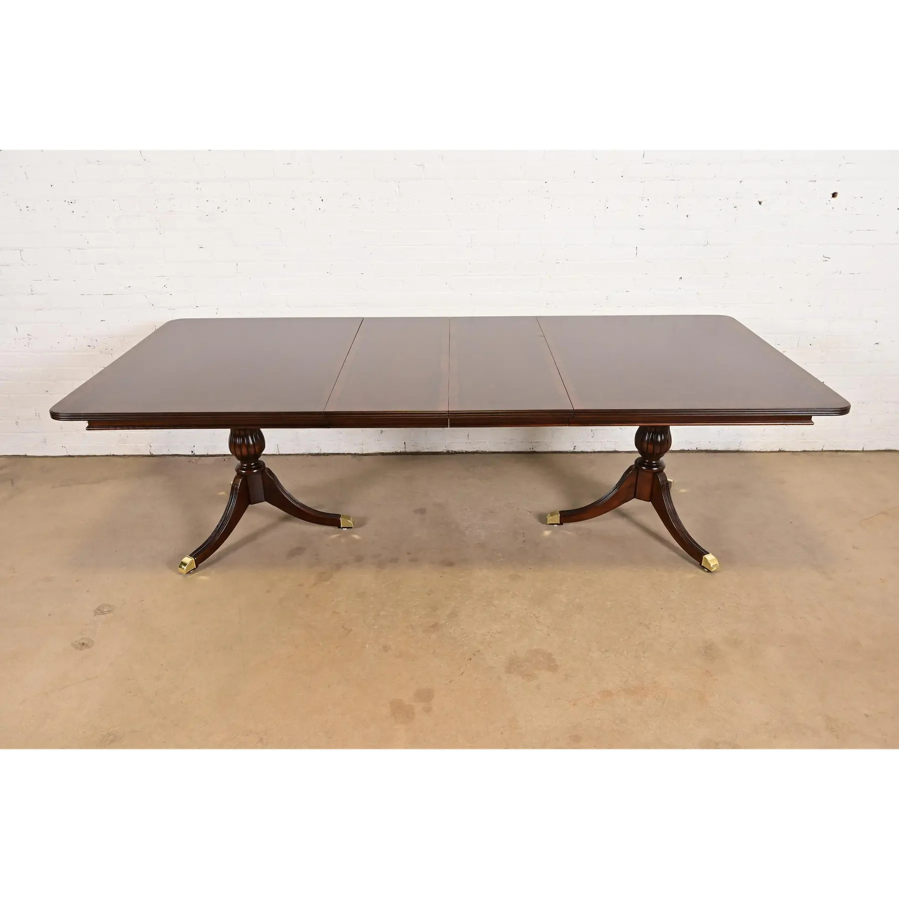 Baker Furniture Style Georgian Banded Mahogany Double Pedestal Extension Dining Table, Newly Refinished - Image 2