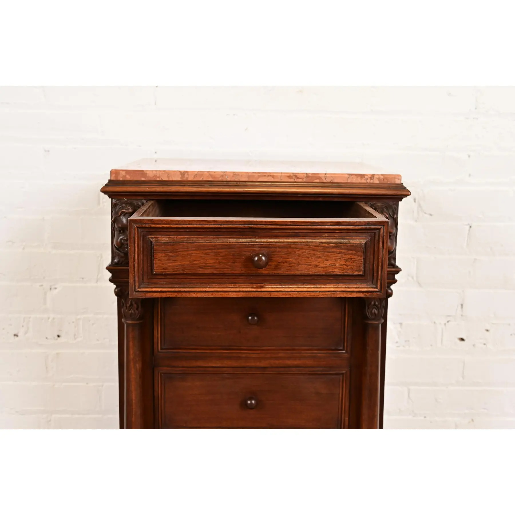 Antique Italian Renaissance Revival Carved Walnut and Marble Top Bedside Chest, Circa 1880s - Image 6