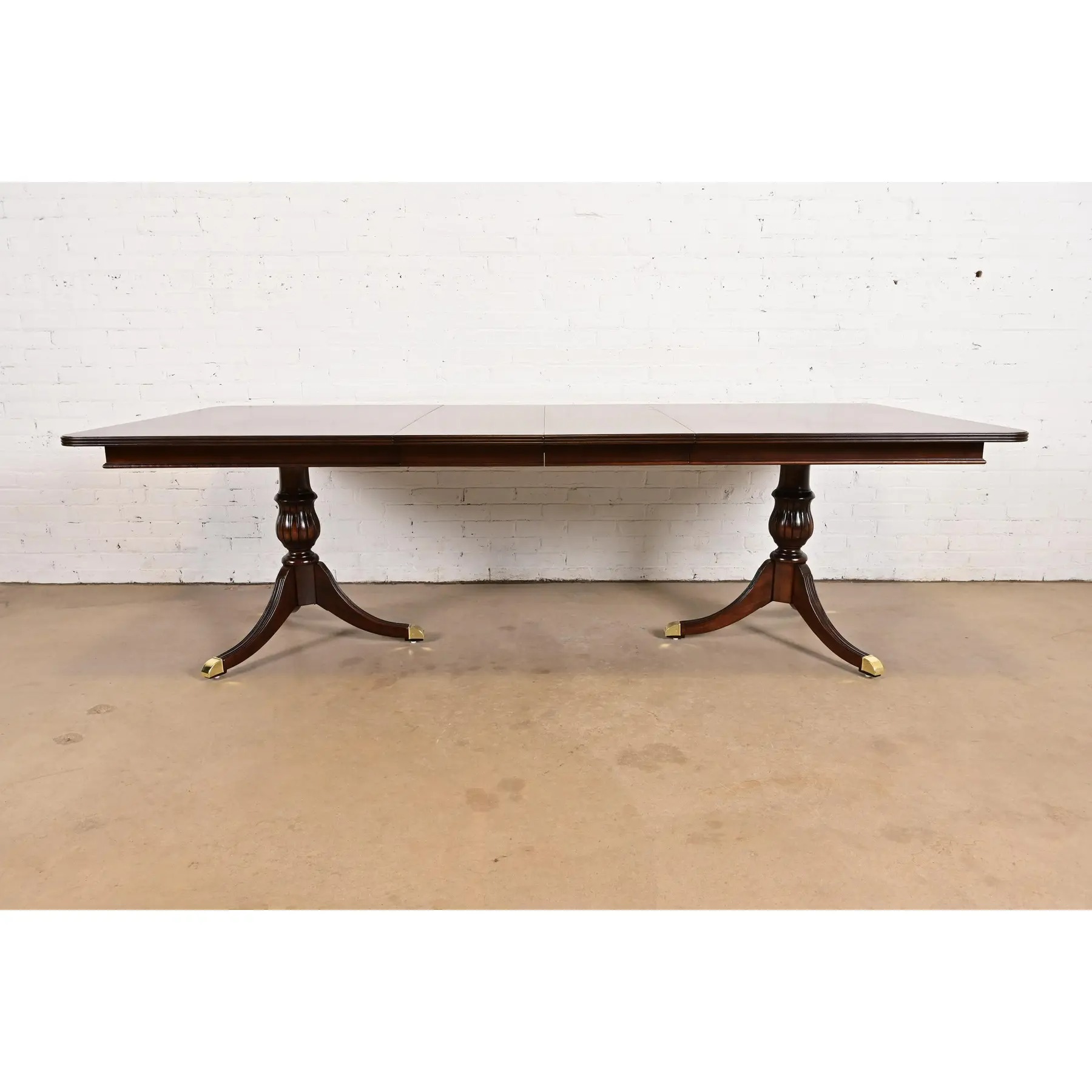Baker Furniture Style Georgian Banded Mahogany Double Pedestal Extension Dining Table, Newly Refinished - Image 3