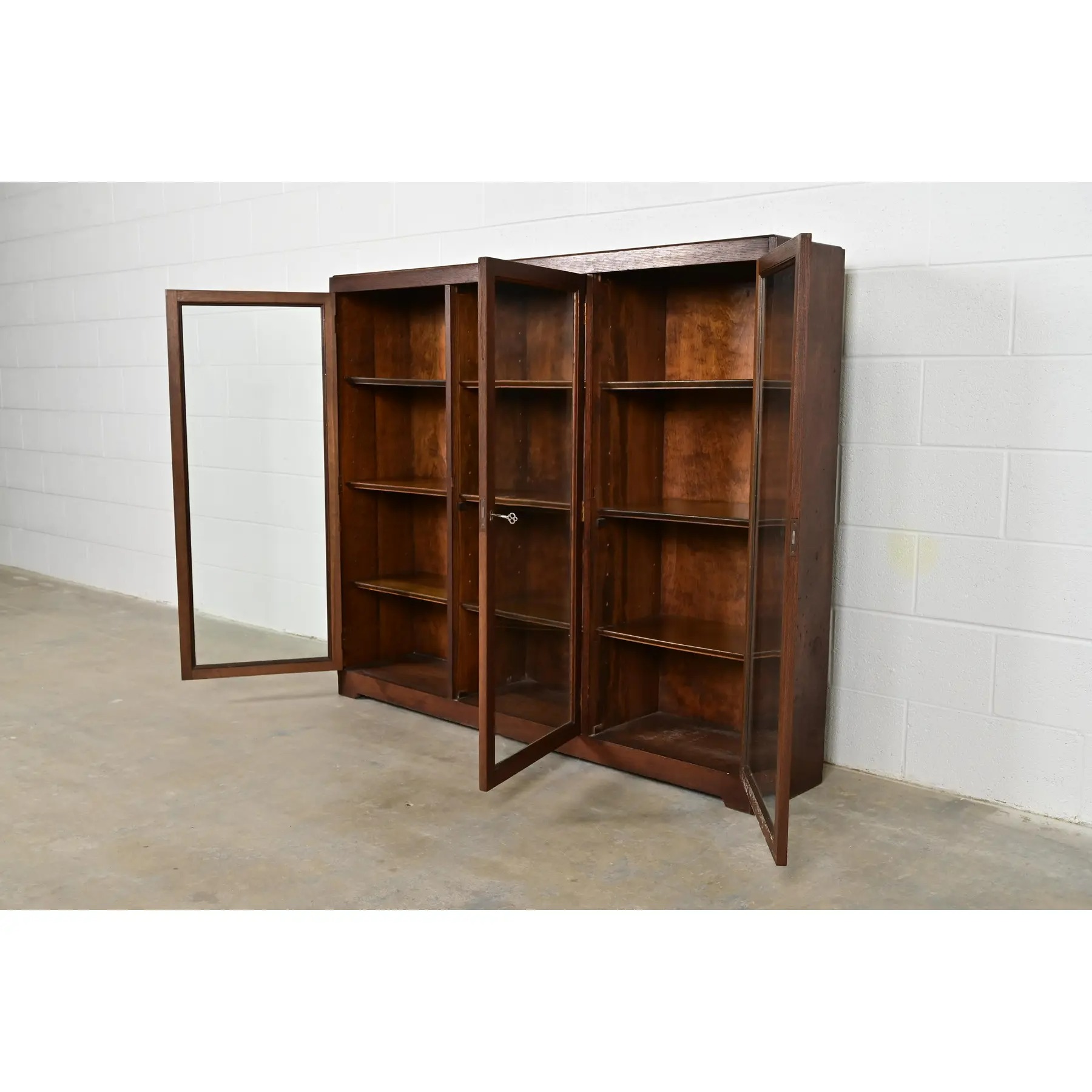 Limbert Style Antique Mission Oak Arts and Crafts Triple Bookcase Cabinet, Circa 1900 - Image 6