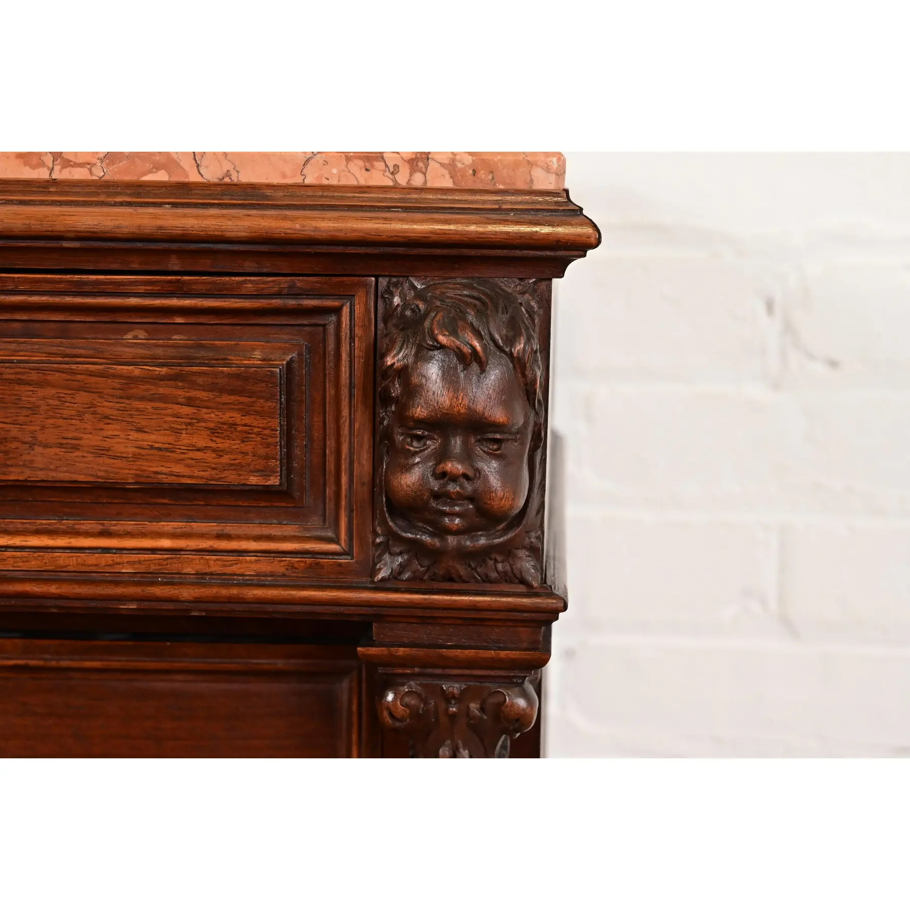 Antique Italian Renaissance Revival Carved Walnut and Marble Top Bedside Chest, Circa 1880s - Image 7