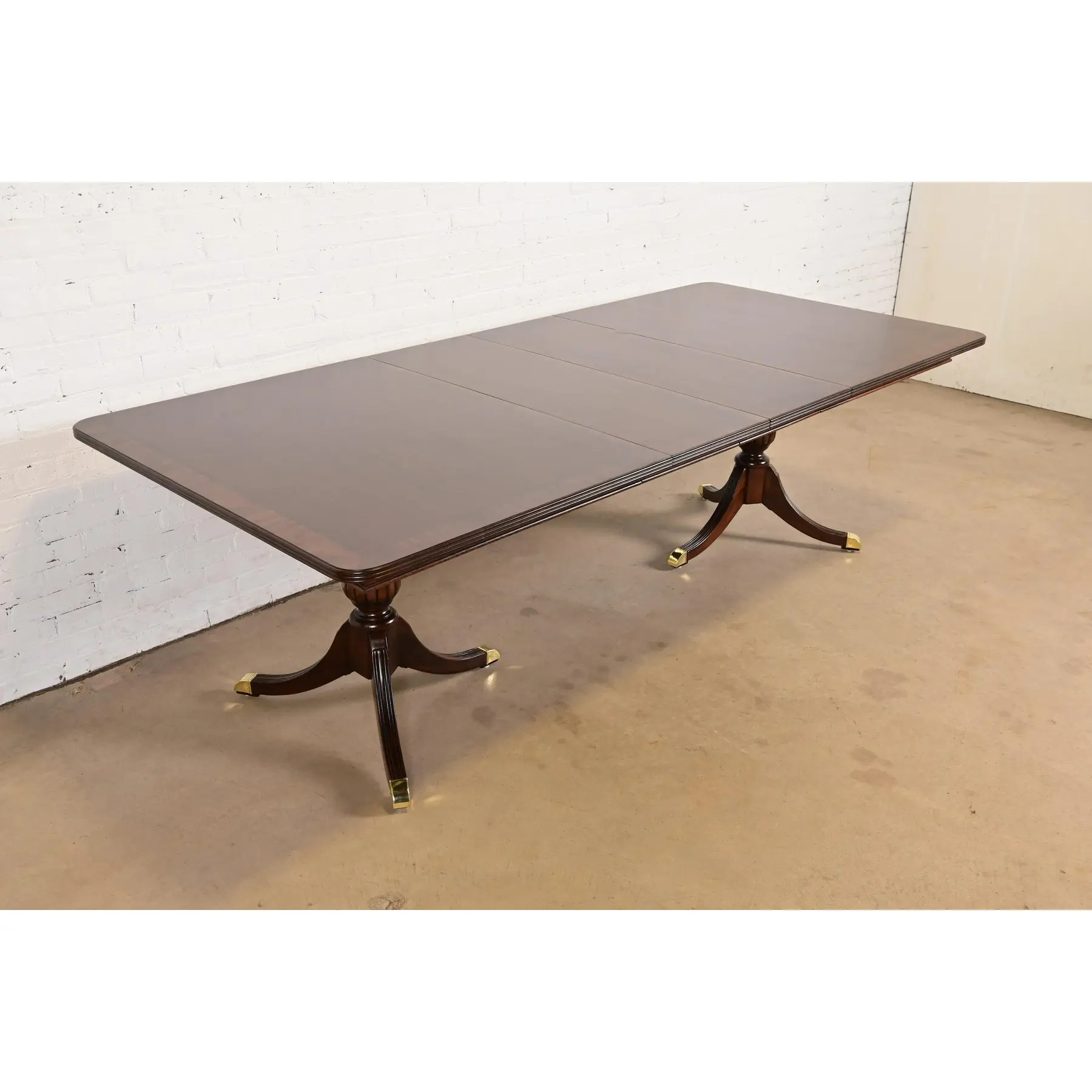 Baker Furniture Style Georgian Banded Mahogany Double Pedestal Extension Dining Table, Newly Refinished - Image 4