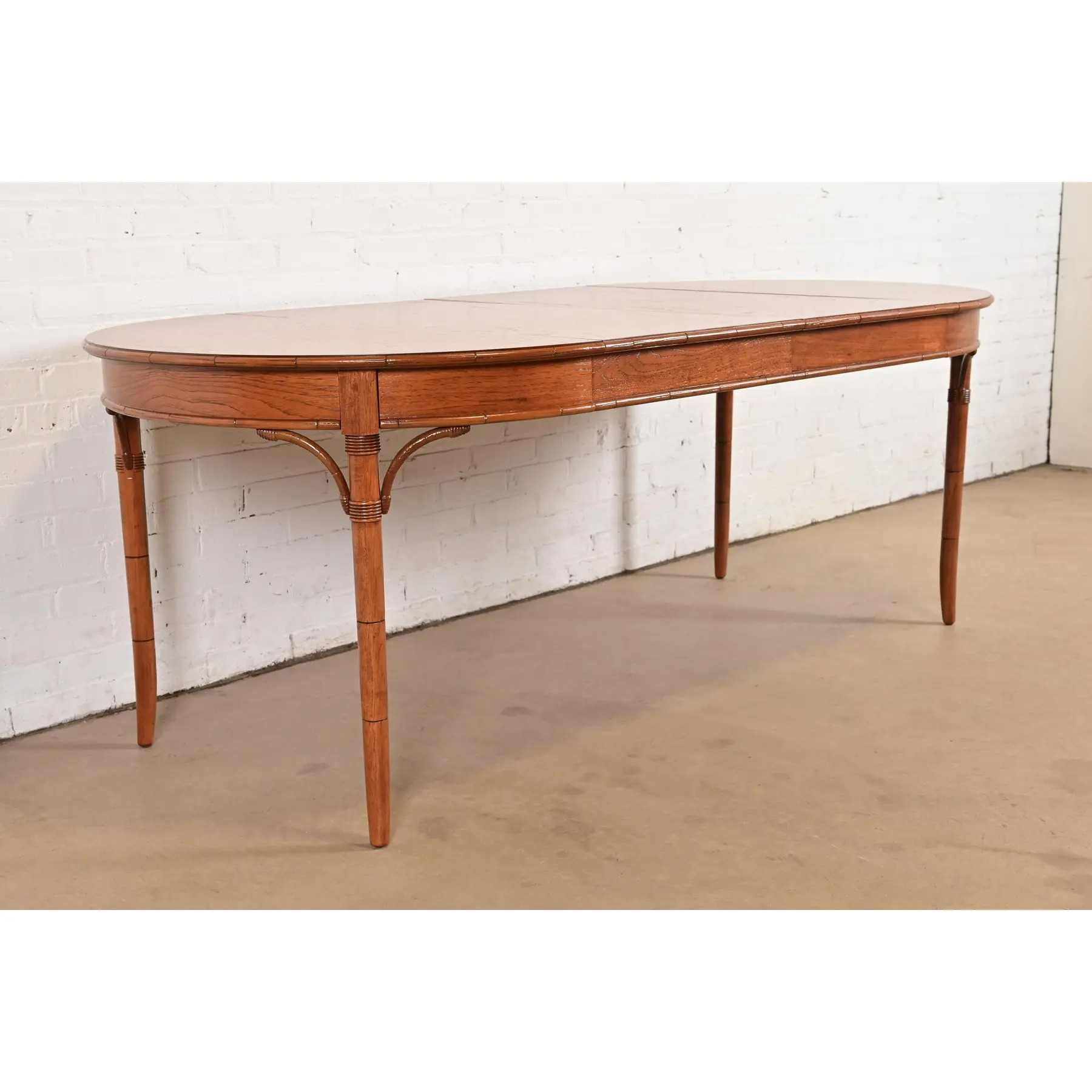 Thomasville Mid-Century Hollywood Regency Chinoiserie Pecan Wood Extension Dining Table, Newly Refinished - Image 4