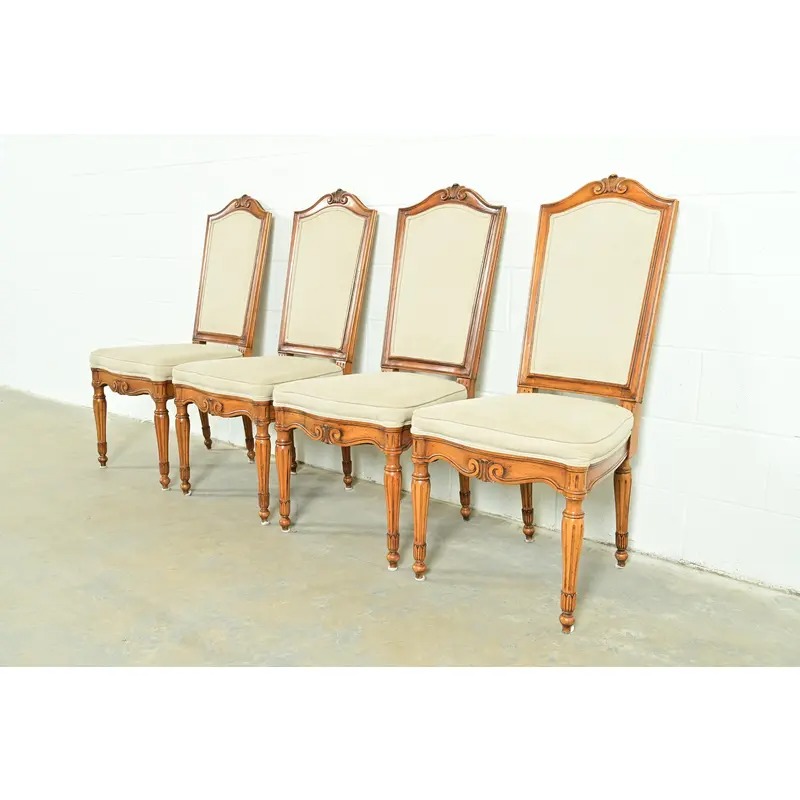 Baker Furniture Style French Regency Louis XVI Carved Walnut Dining Chairs, Set of Four - Image 4