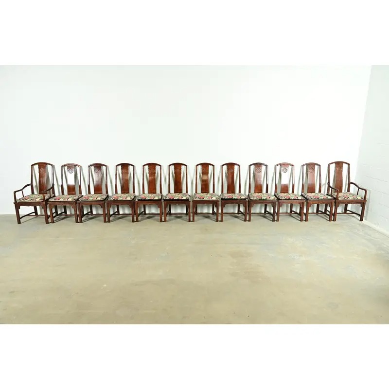 Henredon Hollywood Regency Chinoiserie Sculpted Mahogany Dining Chairs, Set of Twelve - Image 4