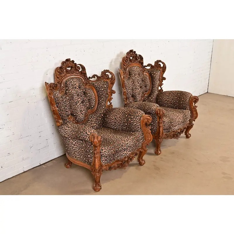 Italian Baroque Ornate Carved Walnut Throne Chairs or Lounge Chairs With Leopard Print Upholstery - Image 4