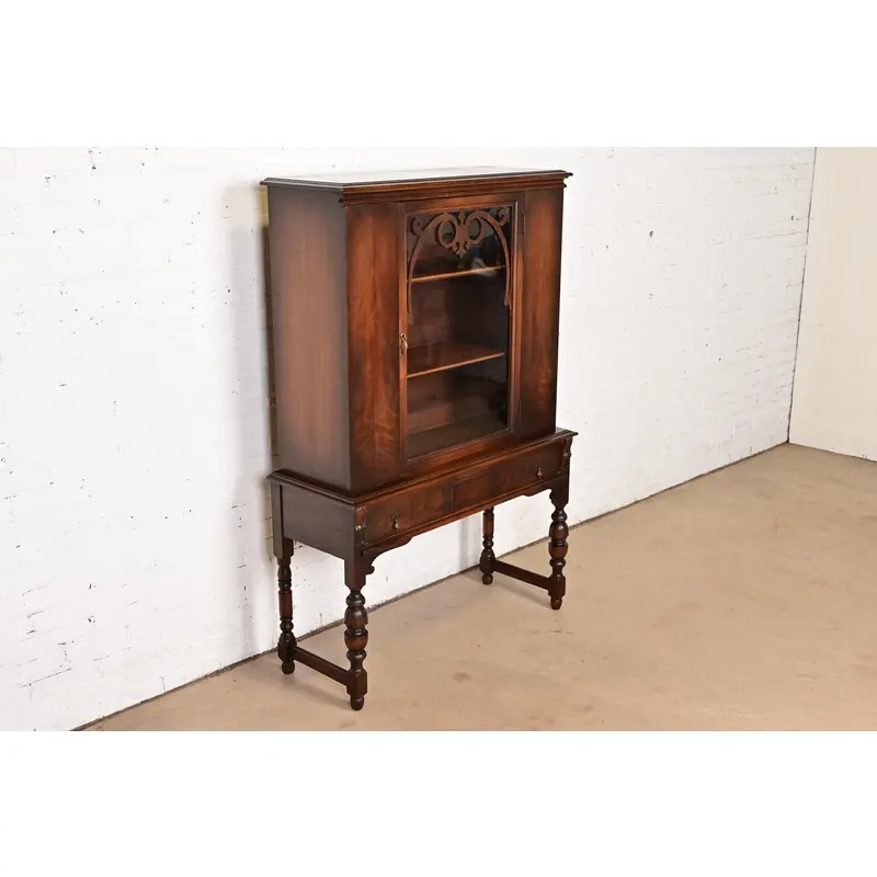 Limbert English Jacobean Carved Walnut and Burl Wood Bookcase or Bar Cabinet, Circa 1920s - Image 4