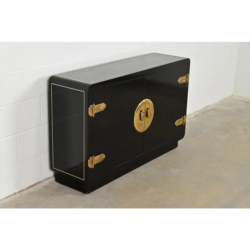 Mastercraft Mid-Century Hollywood Regency Black Lacquer and Brass Bar Cabinet, 1970s - Image 4