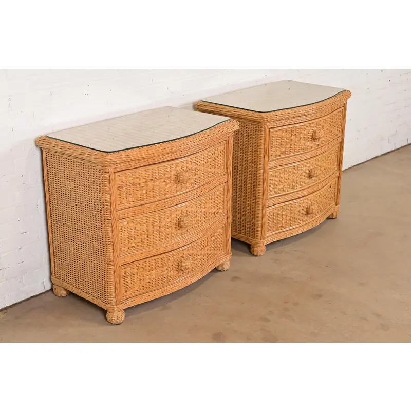 Ralph Lauren Style Organic Modern Woven Wicker Rattan Bedside Chests, Pair - Image 4