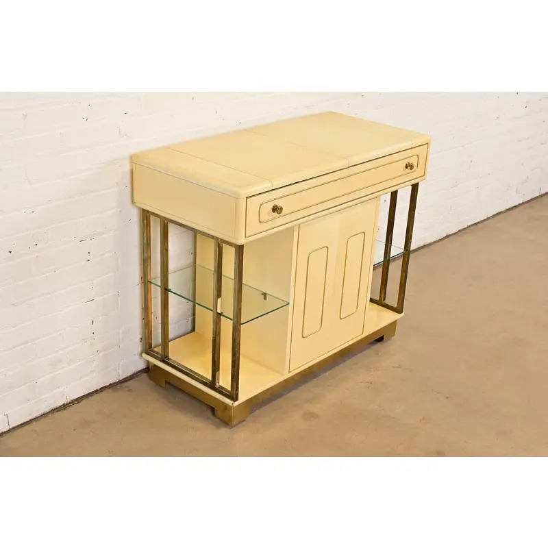 Romweber Mid-Century Modern Hollywood Regency Cream Lacquered and Brass Flip Top Buffet Server or Bar Cart, Circa 1960s - Image 4
