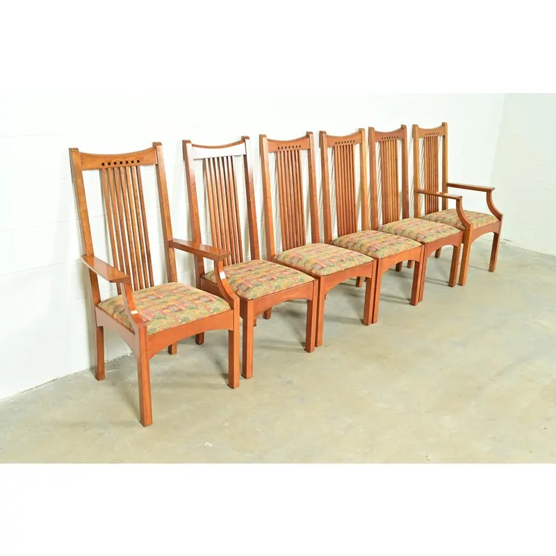 Stickley Arts & Crafts Cherry Wood High Back Spindle Dining Chairs, Set of Six - Image 4
