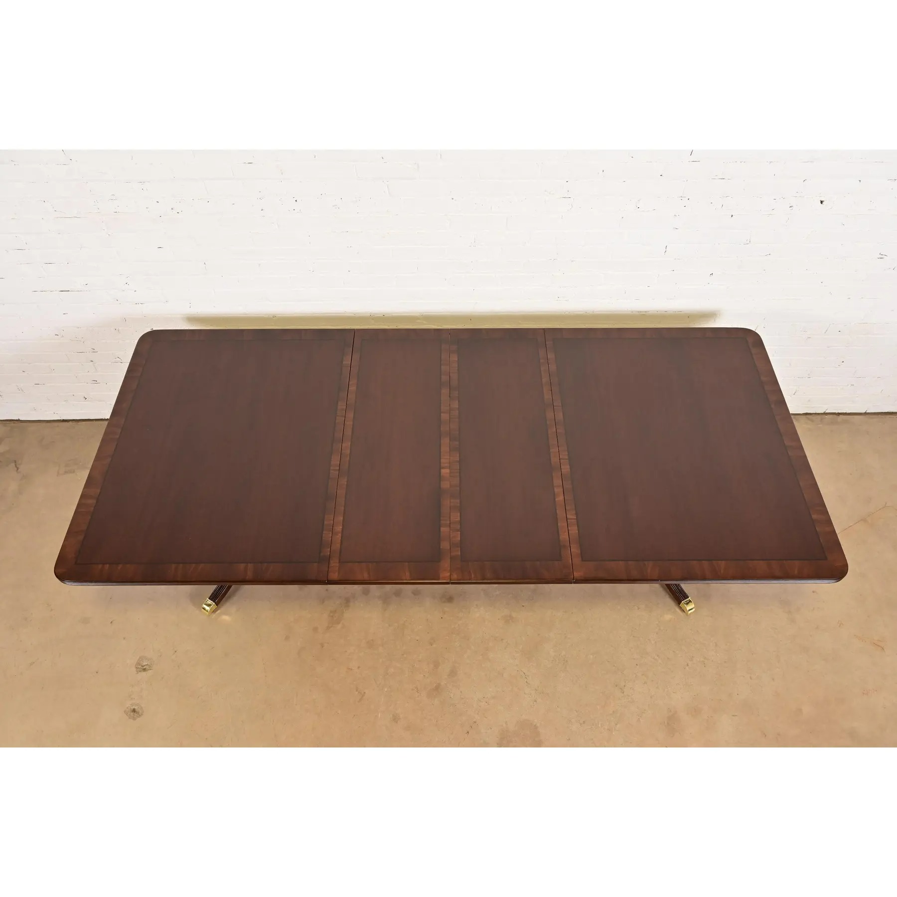 Baker Furniture Style Georgian Banded Mahogany Double Pedestal Extension Dining Table, Newly Refinished - Image 5