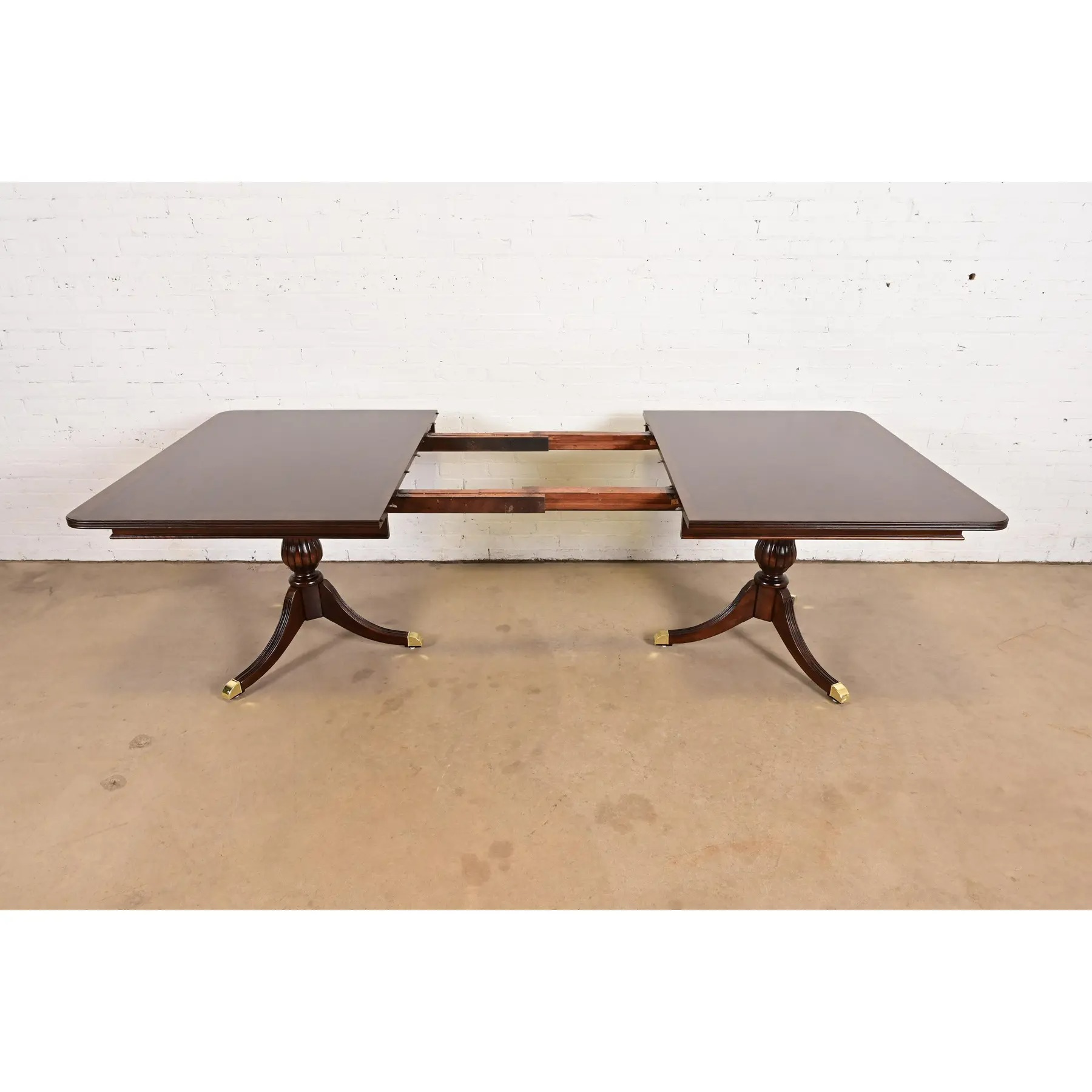 Baker Furniture Style Georgian Banded Mahogany Double Pedestal Extension Dining Table, Newly Refinished - Image 6