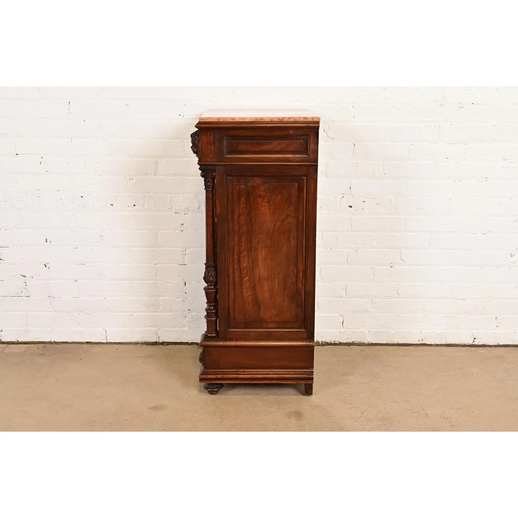 Antique Italian Renaissance Revival Carved Walnut and Marble Top Bedside Chest, Circa 1880s - Image 10