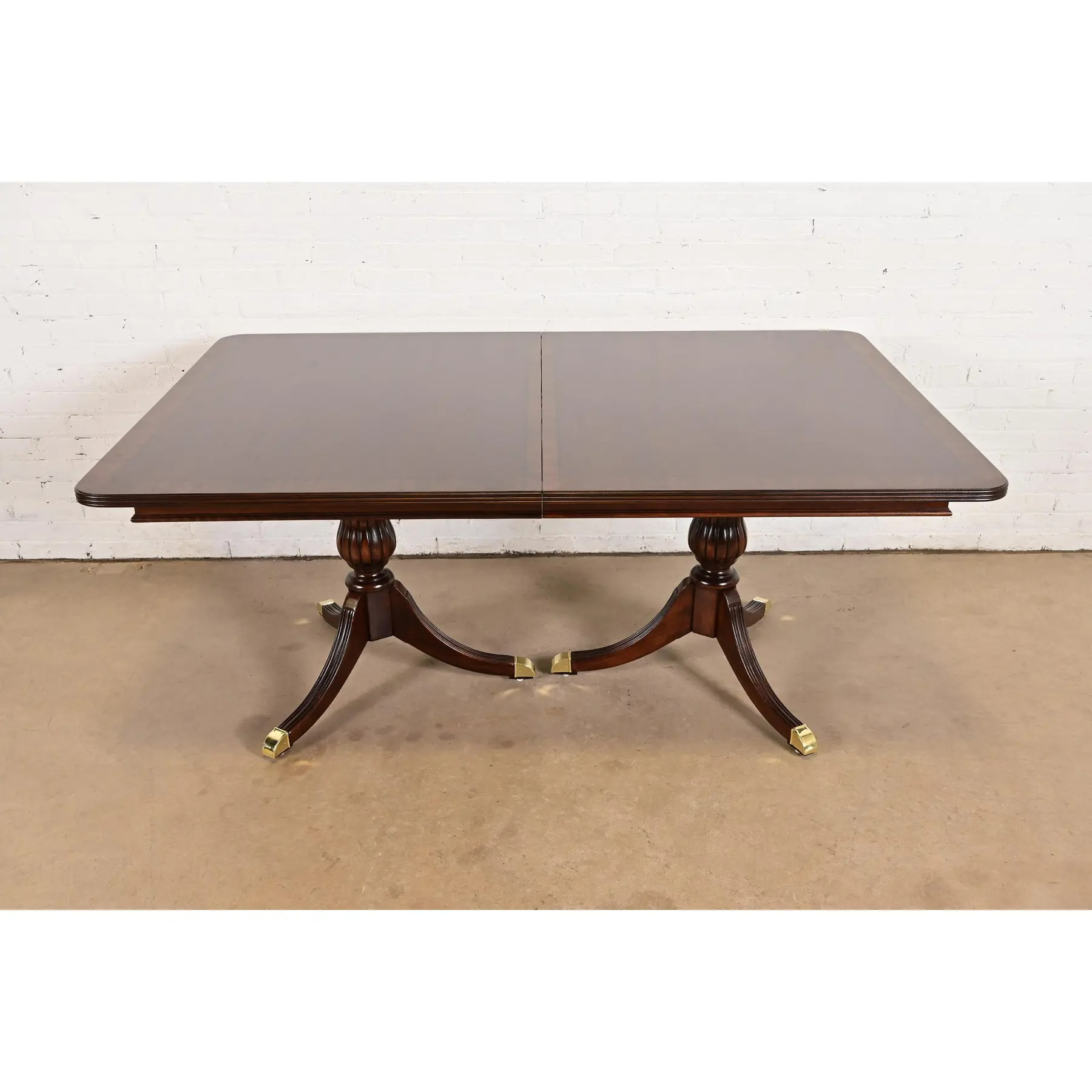 Baker Furniture Style Georgian Banded Mahogany Double Pedestal Extension Dining Table, Newly Refinished - Image 7