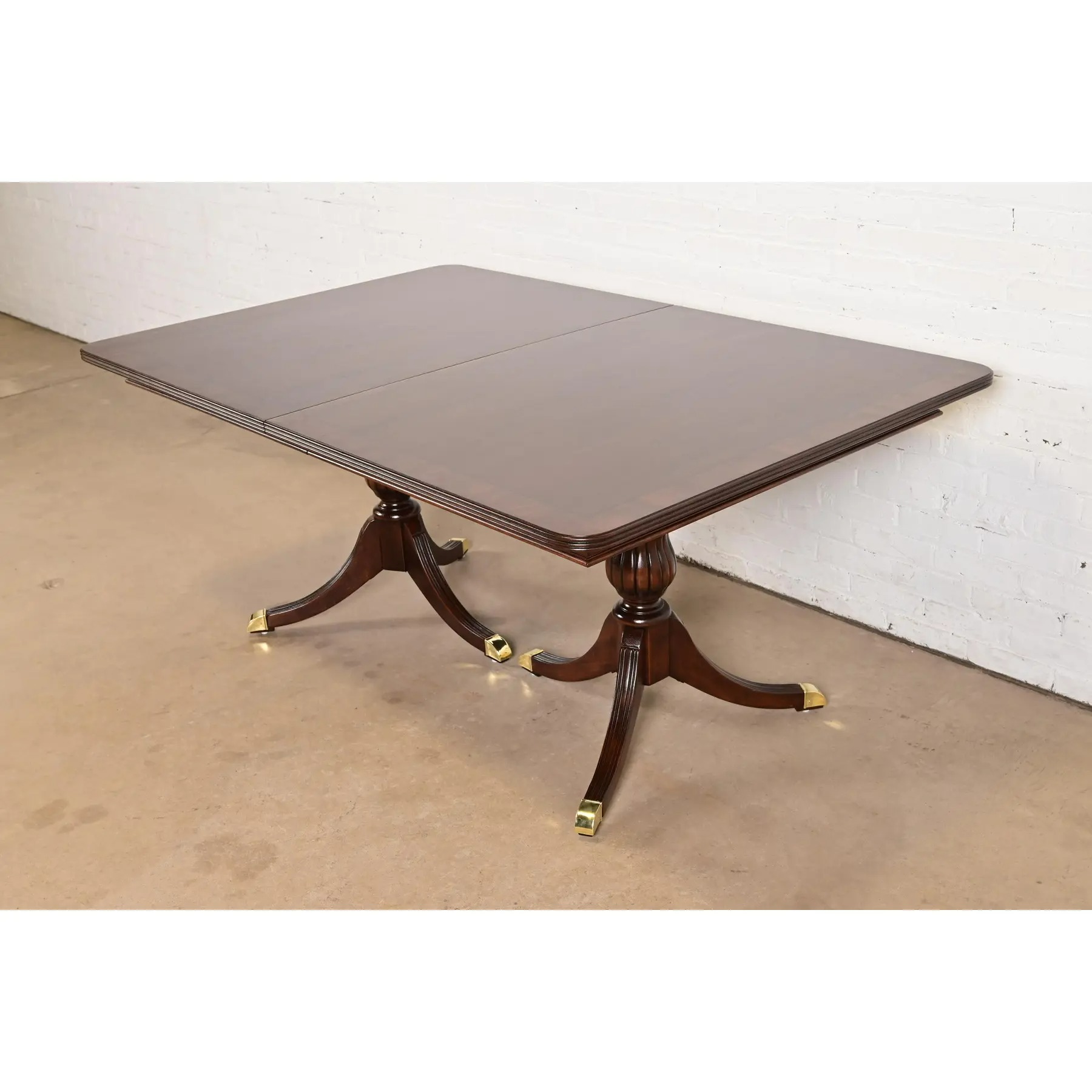 Baker Furniture Style Georgian Banded Mahogany Double Pedestal Extension Dining Table, Newly Refinished - Image 8