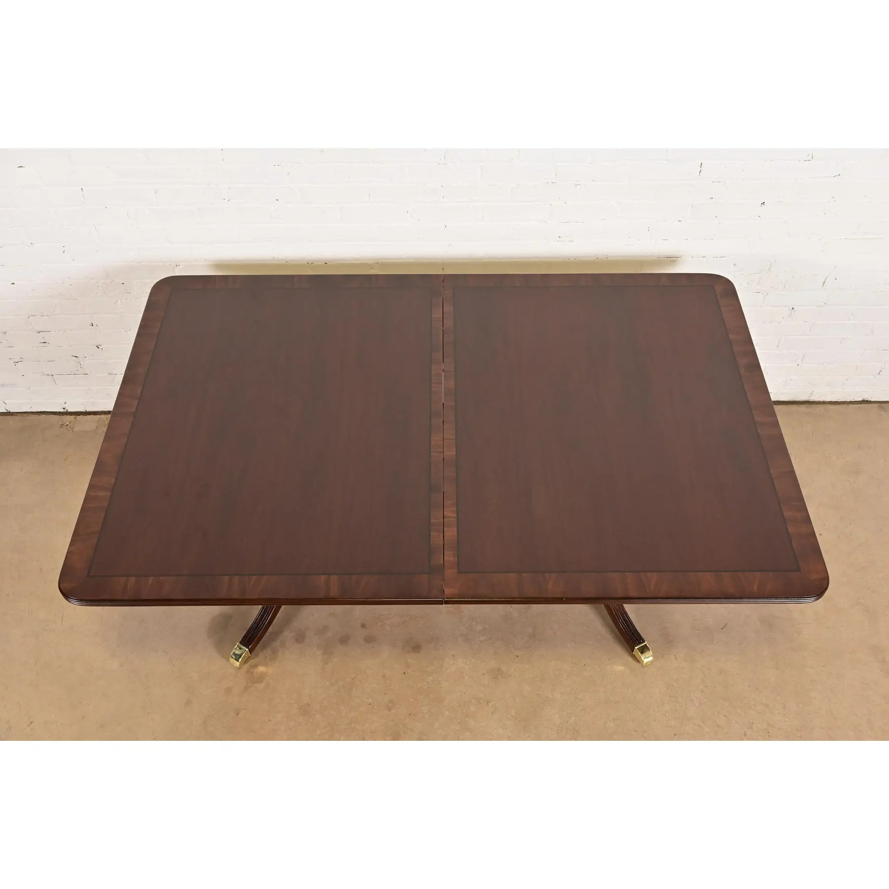 Baker Furniture Style Georgian Banded Mahogany Double Pedestal Extension Dining Table, Newly Refinished - Image 9