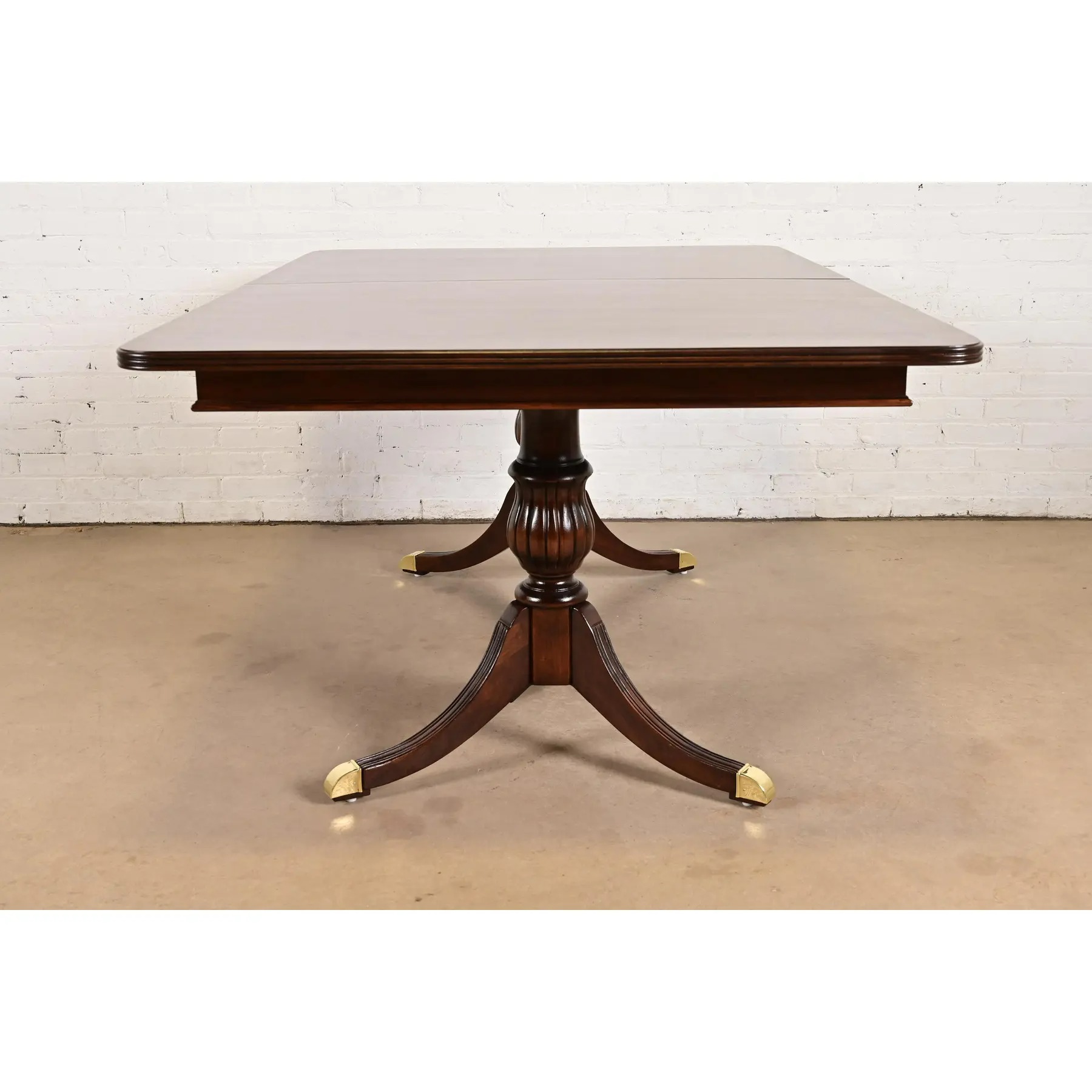 Baker Furniture Style Georgian Banded Mahogany Double Pedestal Extension Dining Table, Newly Refinished - Image 12