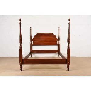 Ethan Allen Georgian Carved Solid Cherry Wood Queen Size Poster Bed