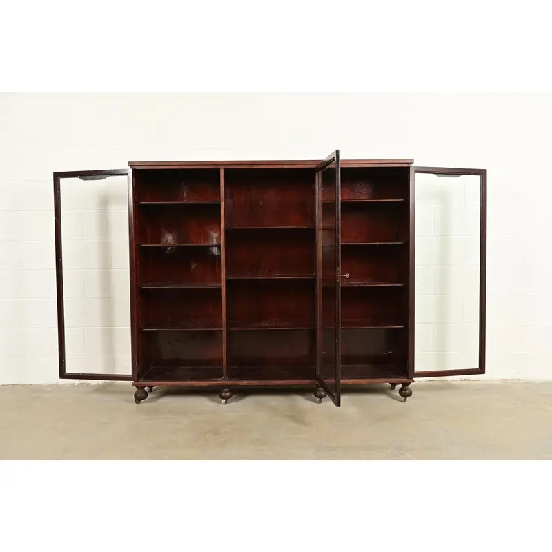 Berkey & Gay Antique Victorian Carved Mahogany Triple Bookcase or Display Cabinet, Circa 1890s - Image 5